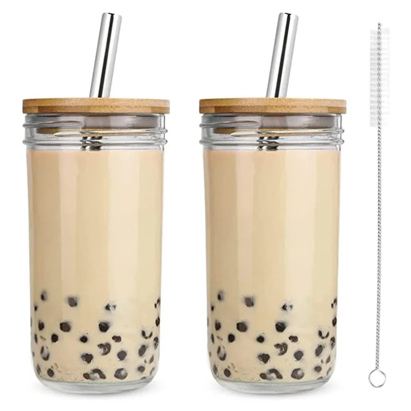 Dropship 4 Set Glass Cups With Bamboo Lids And Straws, 20oz Can Shaped  Drinking Beer Glasses, Iced Coffee Cups, Cute Tumbler With 2 Cleaning  Brushes, Ideal For Bubble Tea, Smoothie, Juice to