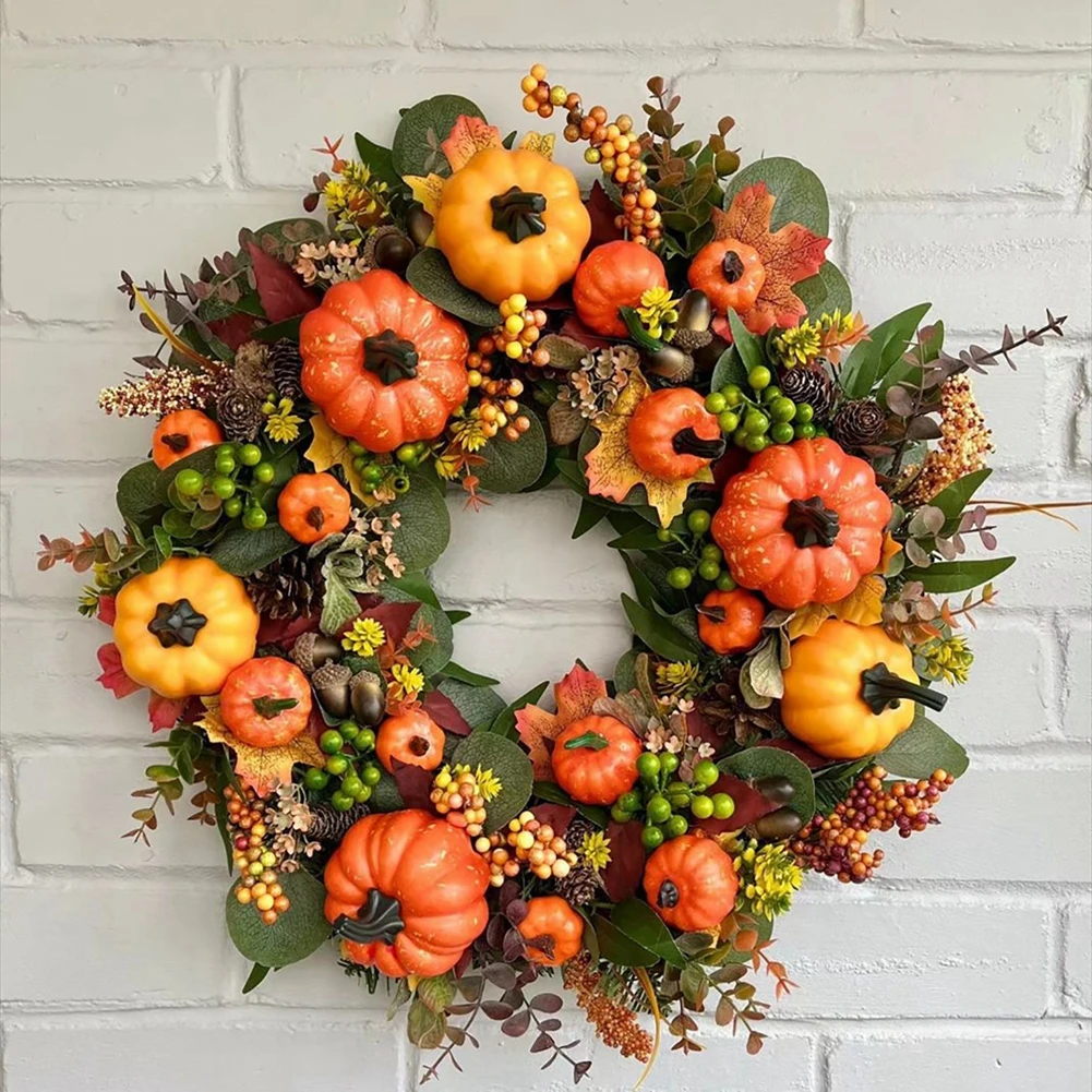 

45cm Fall Wreaths for Front Door Autumn Wreath with Berry Pumpkin Maple Leaves Thanksgiving Harvest Festival Home Decoration