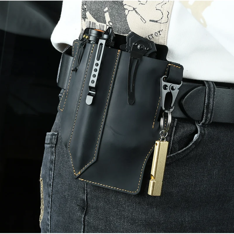 Genuine Leather EDC Multi Tool Organizer Waist Belt Pouch Flashlight Pouch Folding Knife Camping Outdoor Hiking Waist Bag