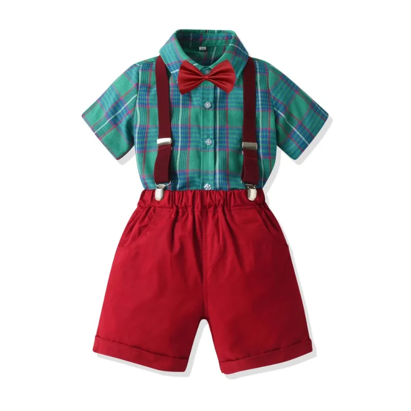 

A Summer Print Plaid Short-Sleeved Shirt Backstrap Shorts Suit Boys Suits