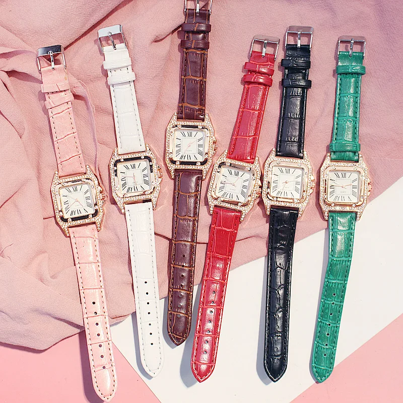

Waterproof Female Quartz Wristwatch Square Luxury Diamond Women Watch Leather Ladies Watches Relogio Feminino Reloj Mujer