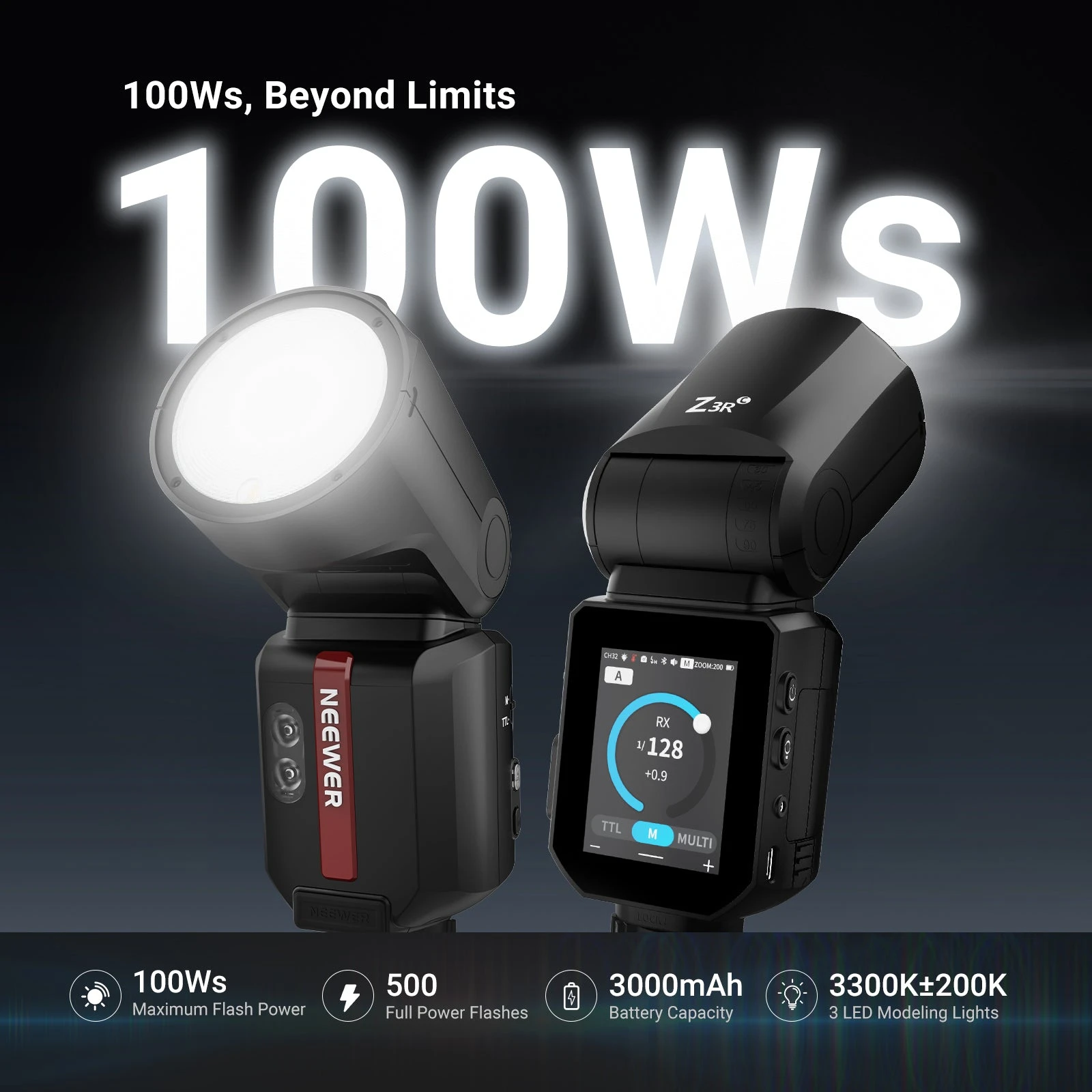 NEEWER Z3R: 100Ws 2.4G TTL 원형 헤드 스피드라이트 ? 균일한 조명, 빠른 재생, 무선 슬레이브, 인물 사진 및 이벤트 촬영에 적합합니다.