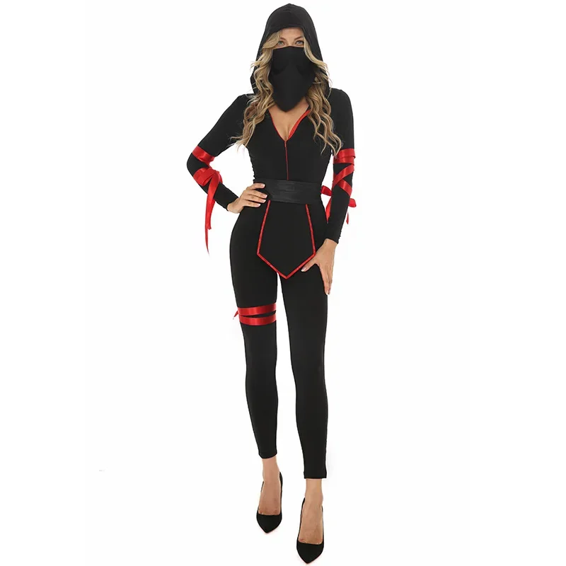 

Adult Women Masked Warrior Ninja Japanese Samurai Top Pants Belt Set Halloween Cosplay Costumes Role Play Outfit