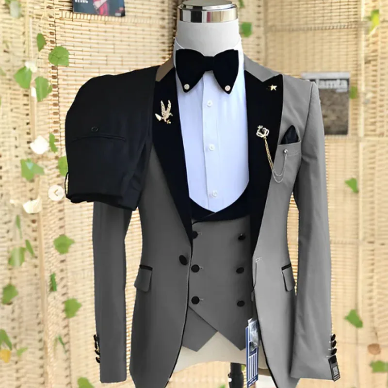 tuxedo suit Wedding Men's 3-piece Suit Set (Jacket+ Pants+Vest) Groom Men's clothing  Casual Formal Blazer elegant suits for men