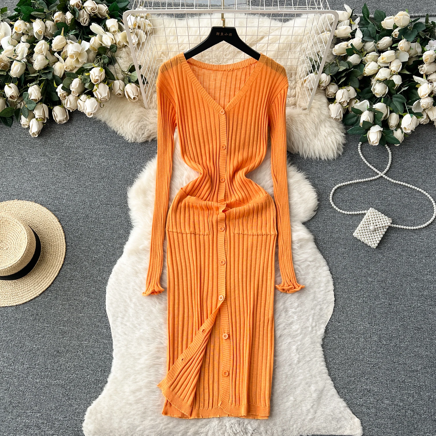 

Elegant Vneck Single Breasted Long Sleeve Knit Bodycon Pencil Dress Slim Fashion Sweater Vestido Sexy Women Winter Clothing