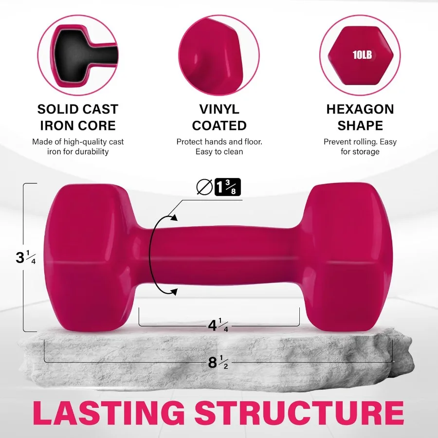 Vinyl Hexagon Dumbbell - Dumbbells Set of 2 Hand Weights for Home Gym & Strength Training (10 lbs Weight Options)