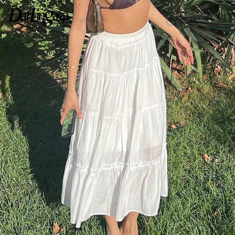 

Stitching Casual Frill White Loose Maxi Skirt Korean Clothes Chic Beach Vacation Female Skirts Outfits Y2K Solid New