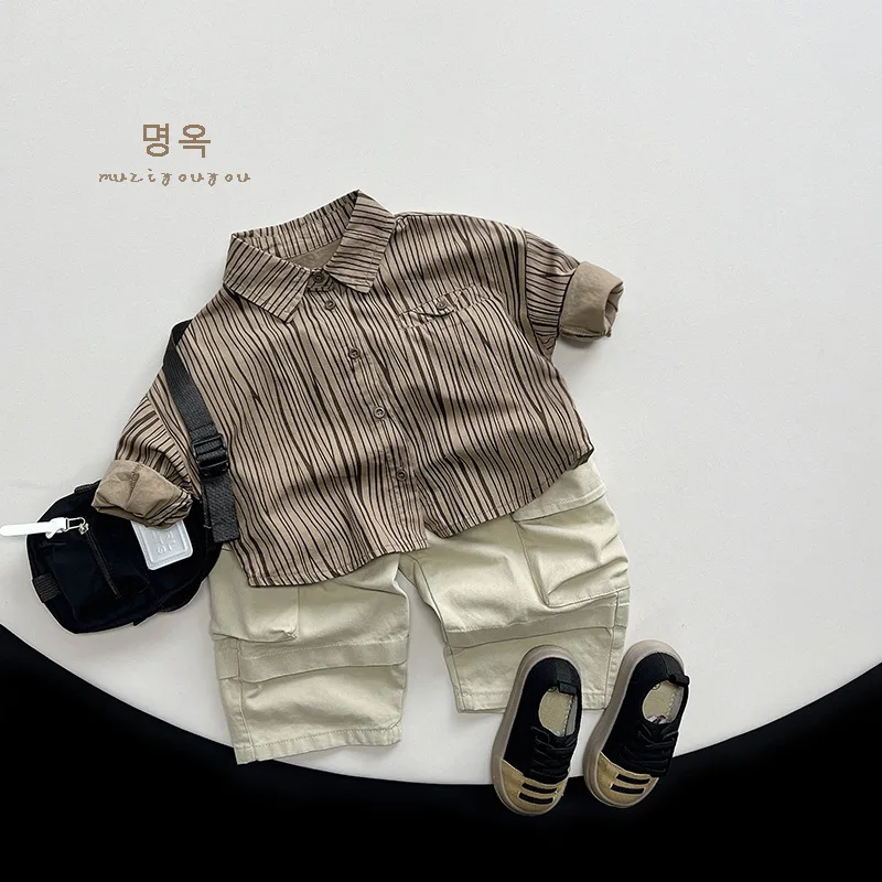 Spring New Children Long Sleeve Lapel Shirts Cotton Baby Boys Fashion Vertical Striped Tops Kids Girls Casual Versatile Jacket