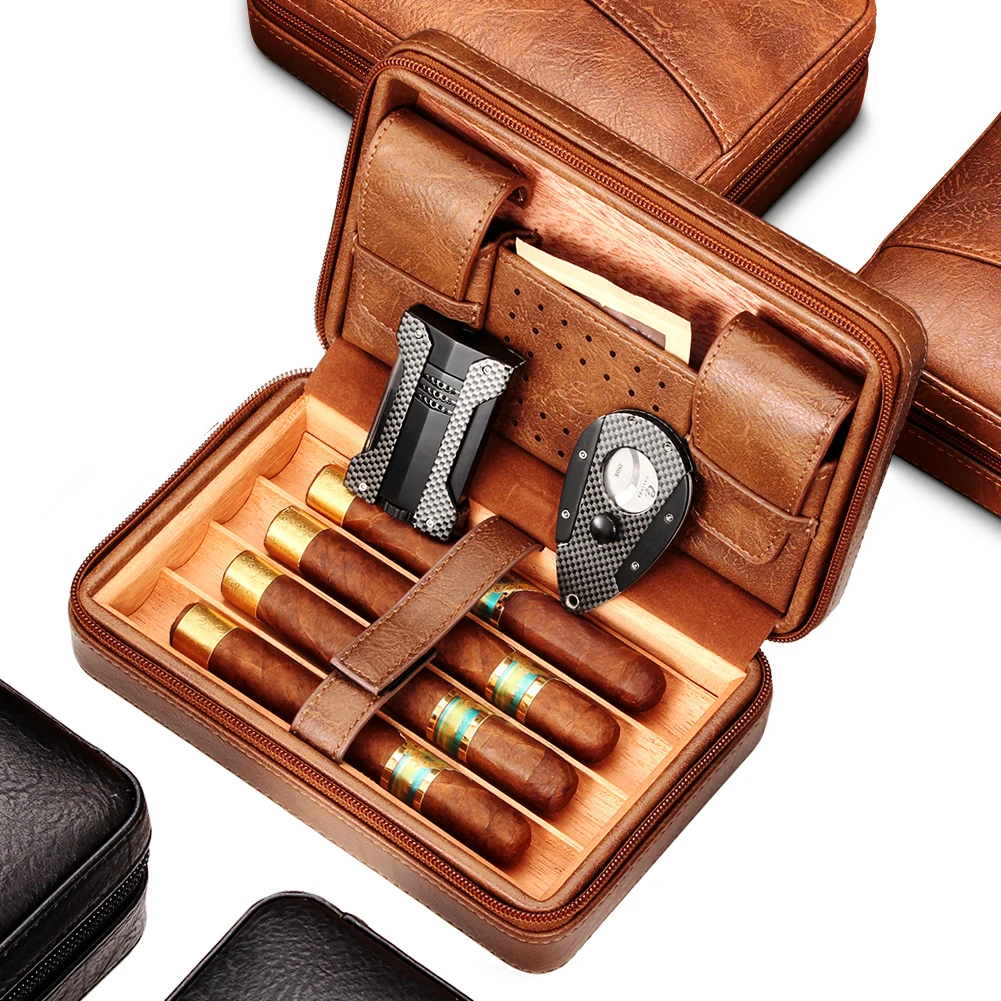 Galiner Cigar Humidor Box Travel Leather Cigars Case Cedar Wood Lined W