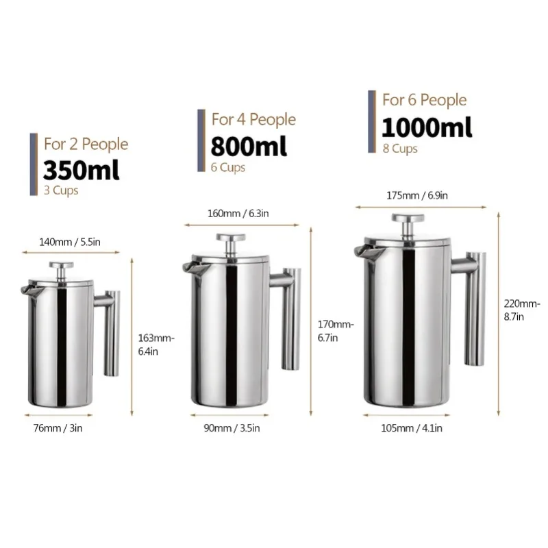 스테인레스 스틸 이중 벽 절연 커피 메이커 포트, 프렌치 프레스, 350ml, 800ml, 1000ml
