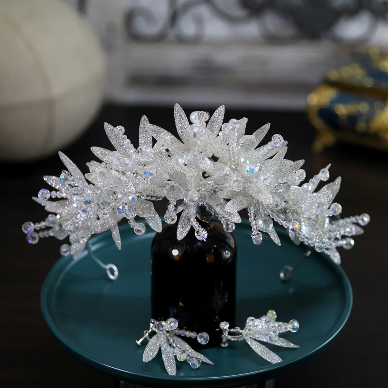 

Fashion Luxury Bridal Crowns Set Women Tiaras Crystal Flower Leaf Diadem Bride Headband Wedding Hair Accessories Headdress Gift