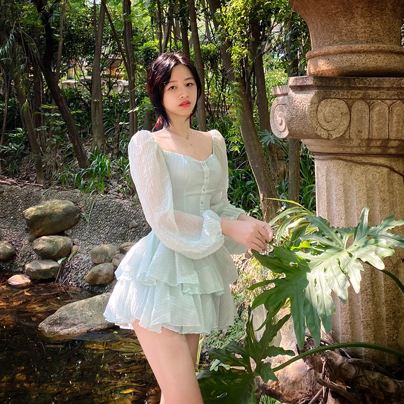 Korean Sweet Party Mini Dress Women Green Chiffon Elegant Dress Bubble Sleeve | eBay Korean Sweet Party Mini Dress Women Green Chiffon Elegant Dress Bubble Sleeve | eBay