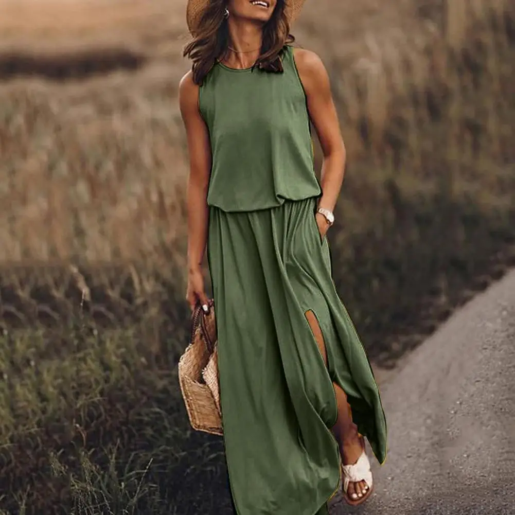 

Summer Sundress Solid Color Non-Irritation Decorative Women Casual Maxi Dress Long Dress for Student