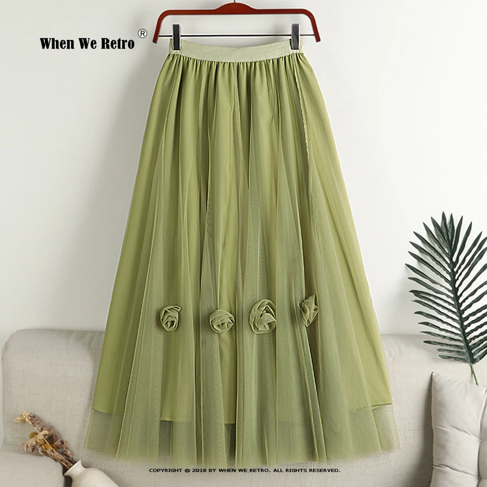 

Super Fairy Sweet Tulle Long Skirt Three-dimensional Flowers Front New A Line Mesh Skirts High Waist Green Tutu Skirts VD3931