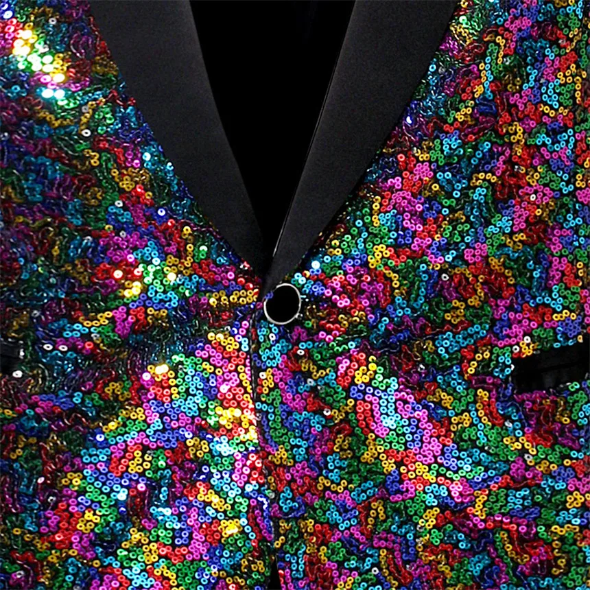 Colorful Glitter Sequins Decoration Black Collar Blazer Men\'s Wedding Party Dress Coats Blue Male Suit Jacket S M L XL XXL