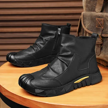 Stivali resistenti all'usura per l'autunno e l'inverno, stivali antiscivolo in pelle scamosciata nera, scarpe nuove da uomo, comodi stivali medi in pelle