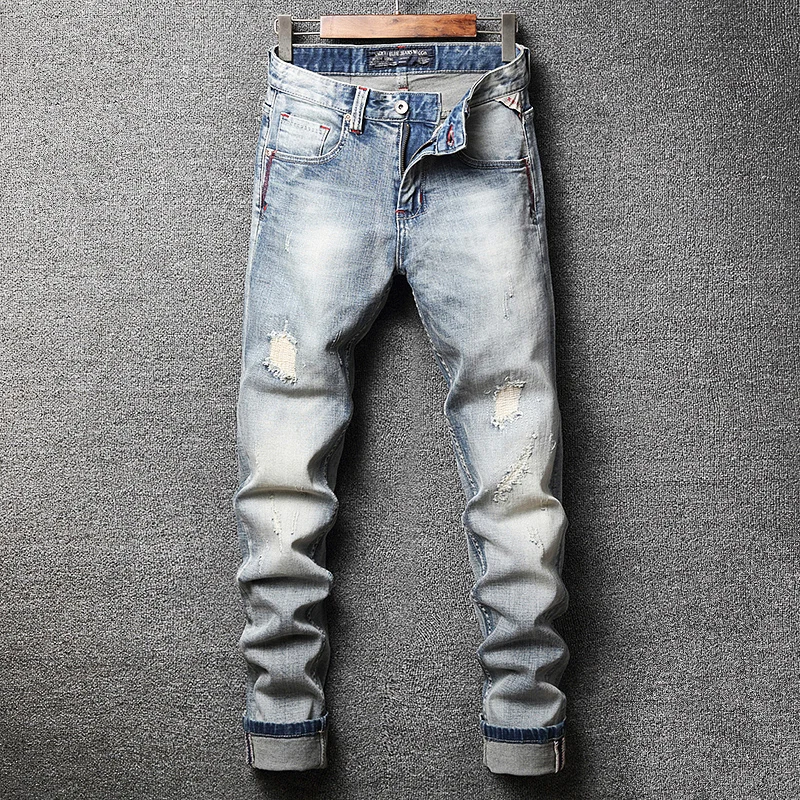 Italian Style Fashion Men Jeans Retro Light Blue Elastic Slim Fit Vintage Ripped Jeans Men Patchwork Designer Denim Pants Hombre