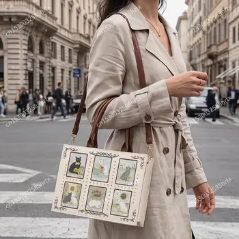 Borsa a Mano da Donna con Tracolla Regolabile, Stile Retrò, in Pelle PU, con Decorazione a Rivetti a Forma di Gatto, Ideale per Pendolarismo e Appuntamenti