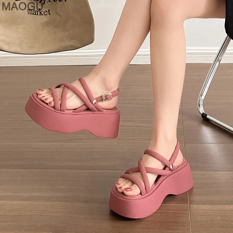 Black Wedge Sandals Women Platform Shoes Black Belt High Heels Gladiator Chunky Heeled Summer Wedges Zapatos De Mujer