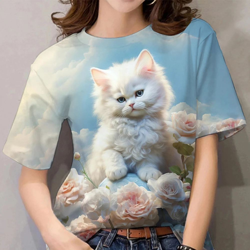 

Женская футболка с коротким рукавом, Повседневная футболка с круглым вырезом и принтом кошки, одежда высокого качества, лето 2024