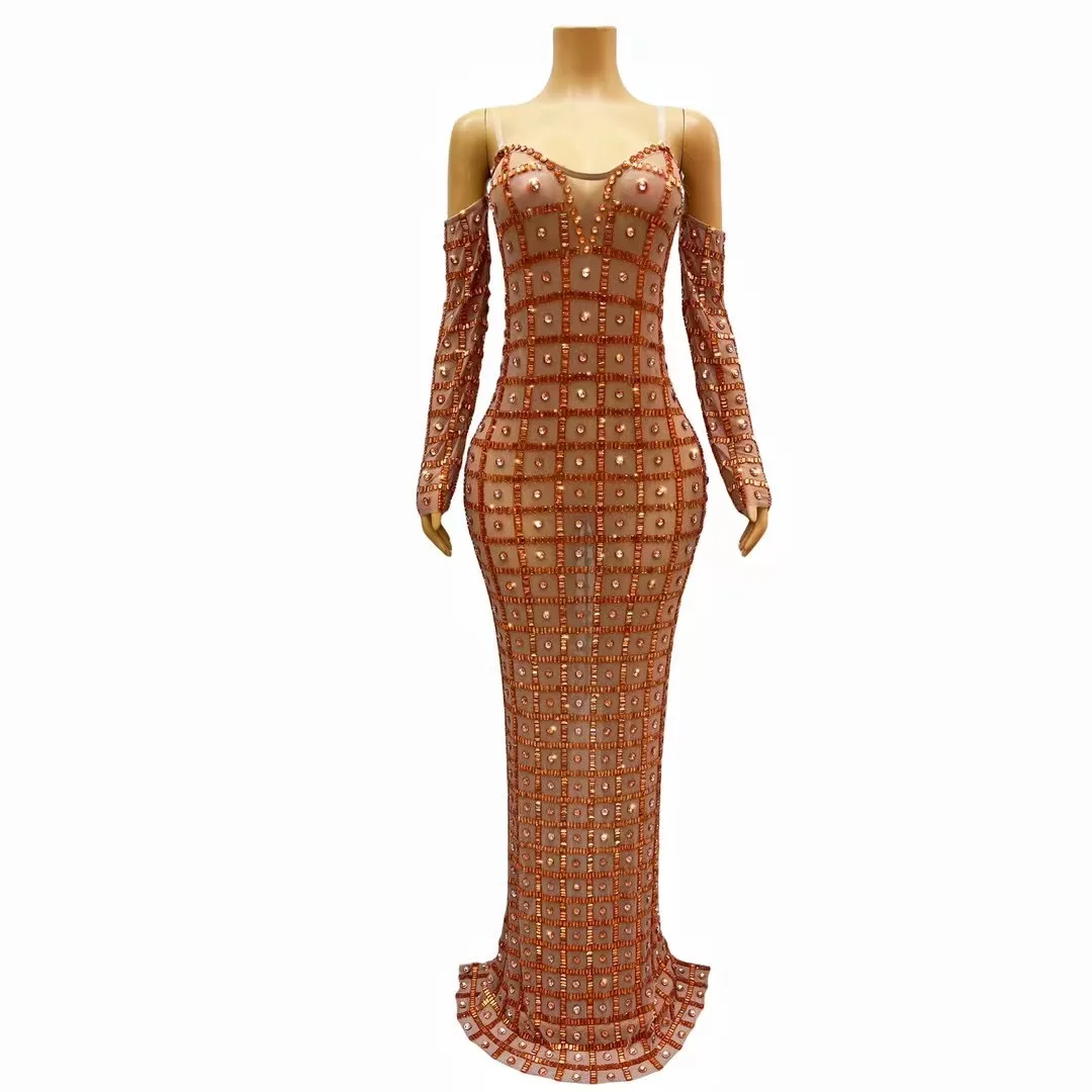 

Customized Colorful Crystals Women Sexy Offthe Shoulder Mesh See Through Bodycon LonoDress Performance Costume Stage Wear C303