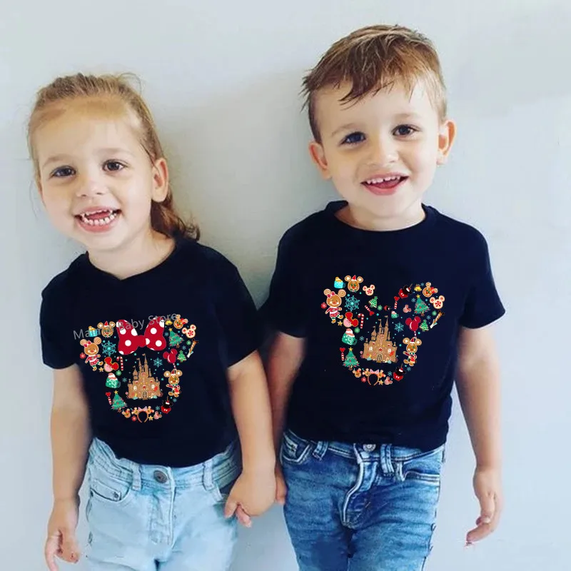 New Gingerbread Mickey Minnie Print Family Matching Christmas Shirts Funny Family Look Disneyland Xmas Trip Tops Tees Outfits 2