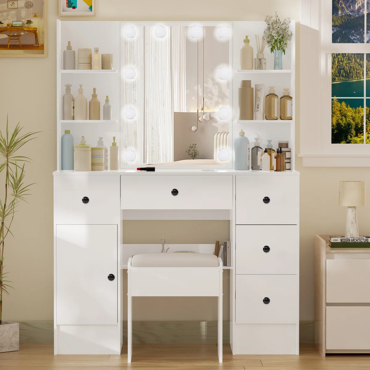 White Modern Vanity Set, LED Lighted Mirror, 3 Color Dimmable, 5 Drawers & Stool, Bedroom Dresser — view 5