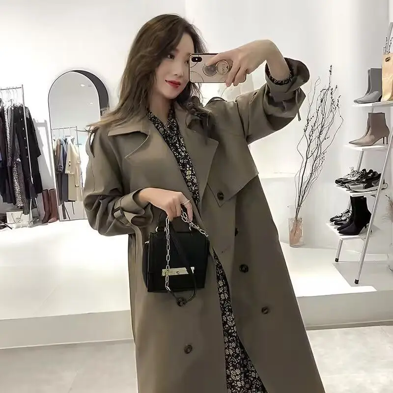 Fashion Women's Windbreaker 2023 Korean Version New Autumn/Winter Mid Length Coat Over Knee Temperament Goddess British Style