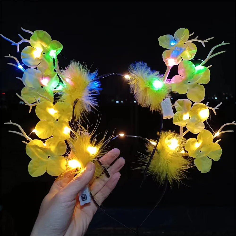 New Led Glowing Antlers Headband Plum Blossom Feather Elk Hair Accessories Christmas Decoration Party Dress Up Headdress