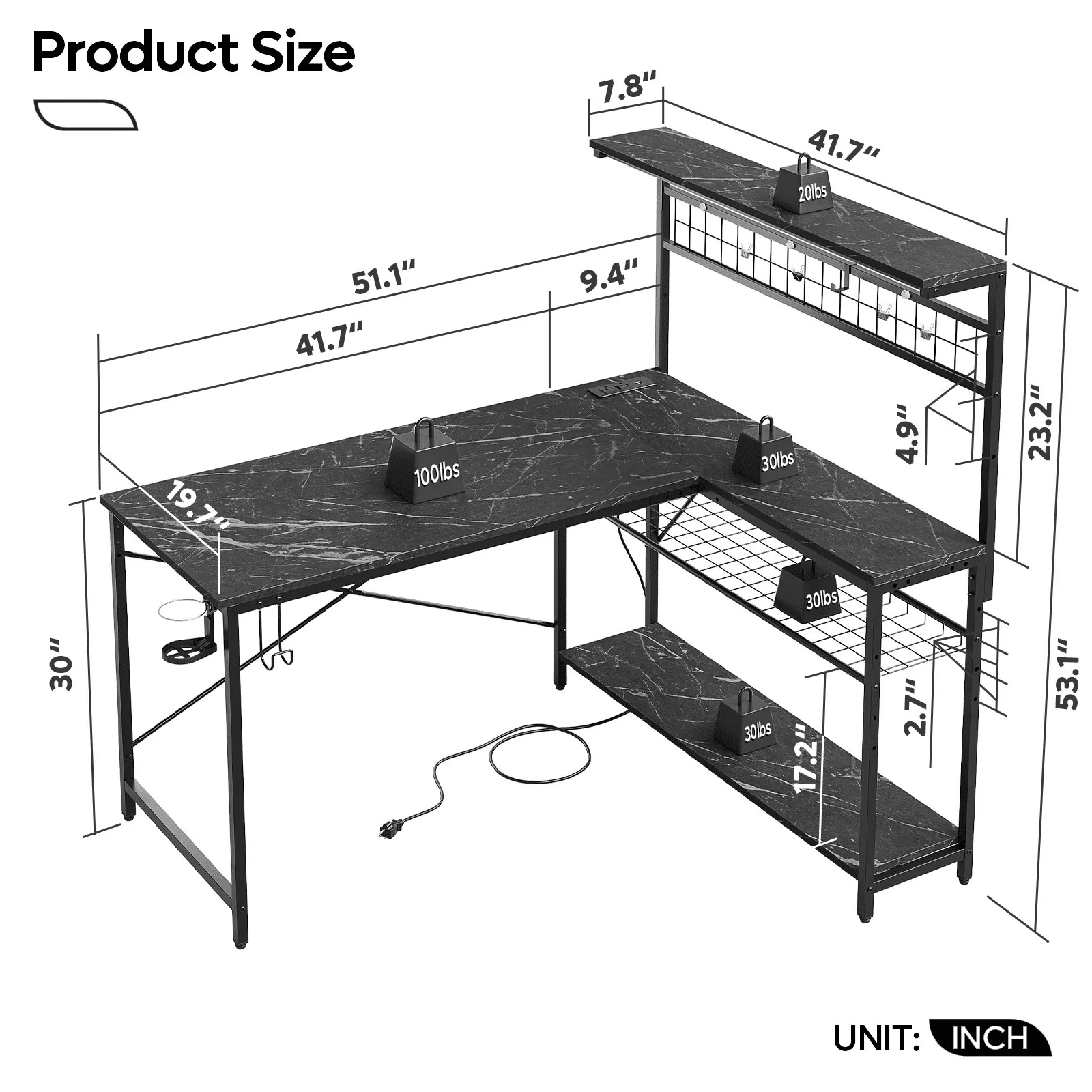 L-Shaped Reversible Gaming Desk with Power Outlet and 4 Tiers Shelves, Black Marble 4