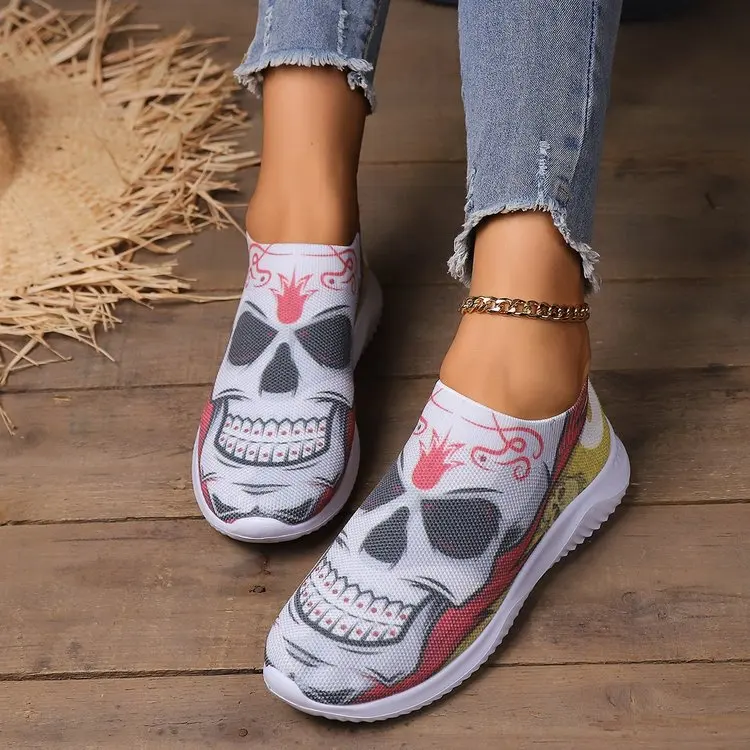 Women's Loafers Fashion Print Slip on Square Heels Round Toe Breathable Lazy Mesh Shoes Spring Autumn Daily Ladies Shoes