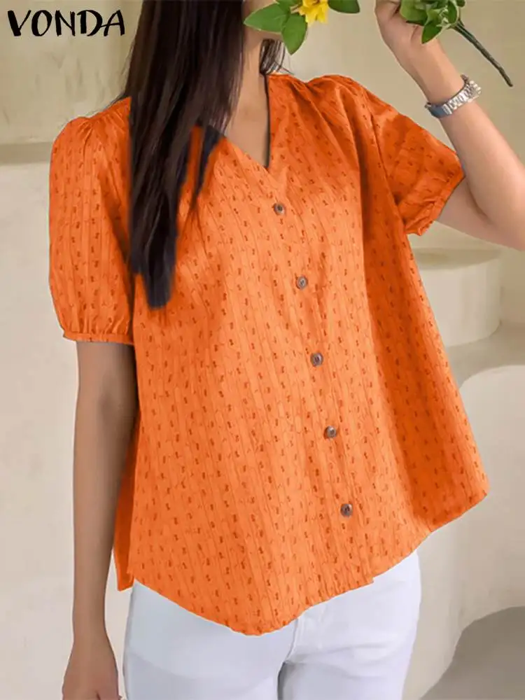 

VONDA Fashion Sexy V-Neck Casual Stripe Shirts Women Blouse 2024 Summer Short Puff Sleeve Loose Tunic Tops Blusas Femininas