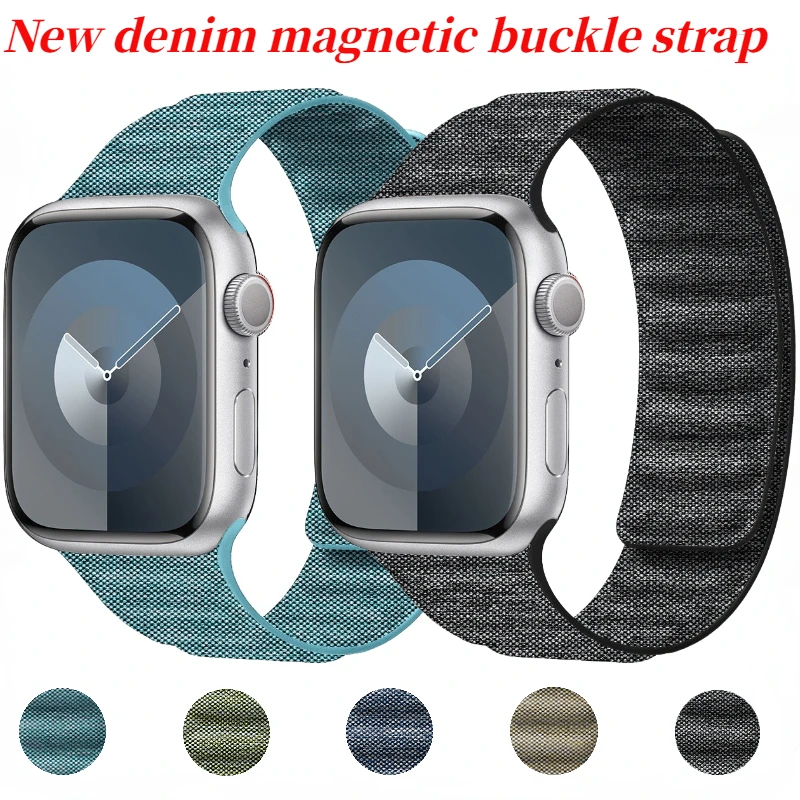 

New Denim Magnetic Nylon Strap For Apple Watch Ultra 2 49mm 45mm 41mm 44mm 40mm 42mm Bracelet Belt iWatch 9 8 7 6 5 4 SE2 Band