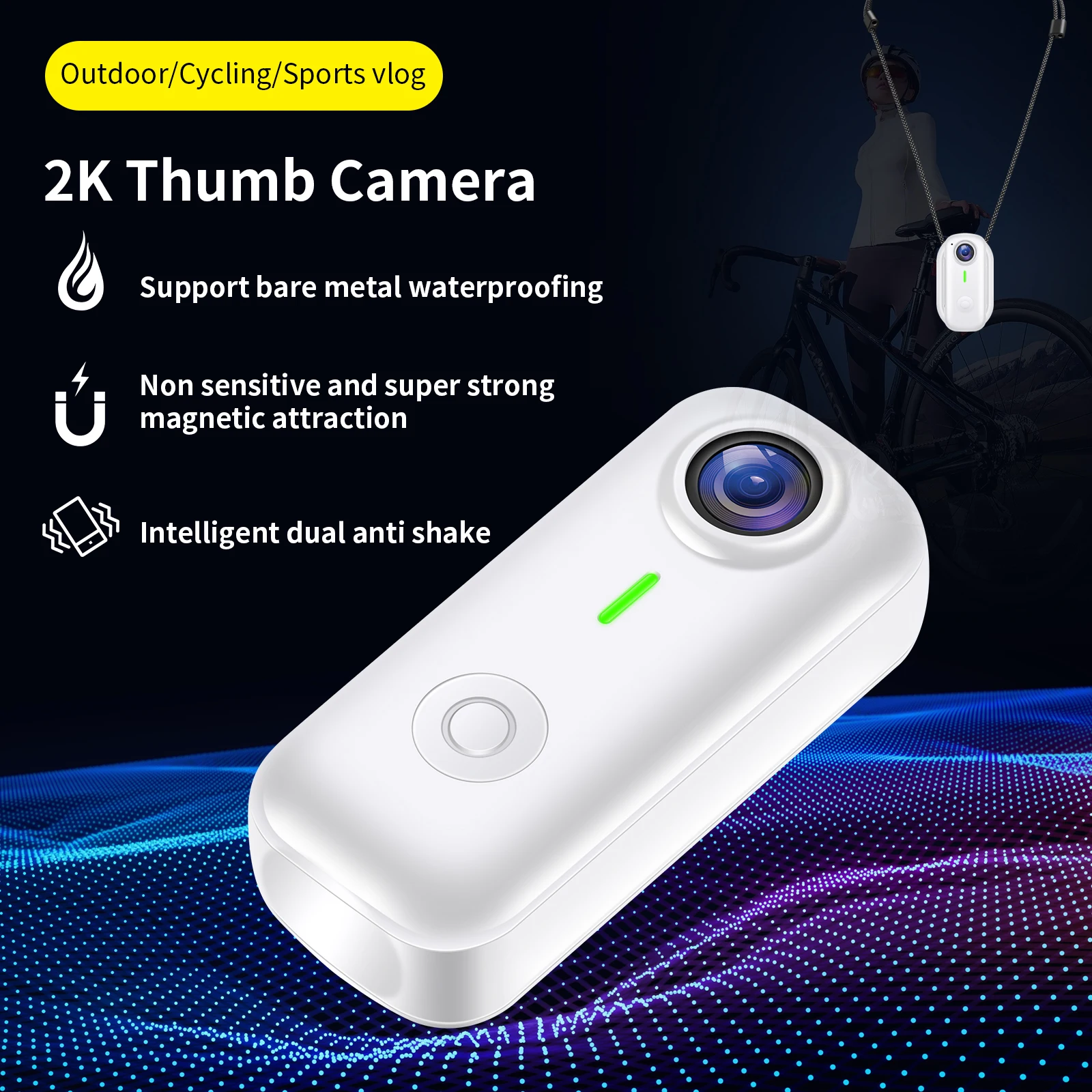 Caméra action sport WiFi 1080P avec vision nocturne filmant un coureur à pied dans un sentier boisé la nuit.