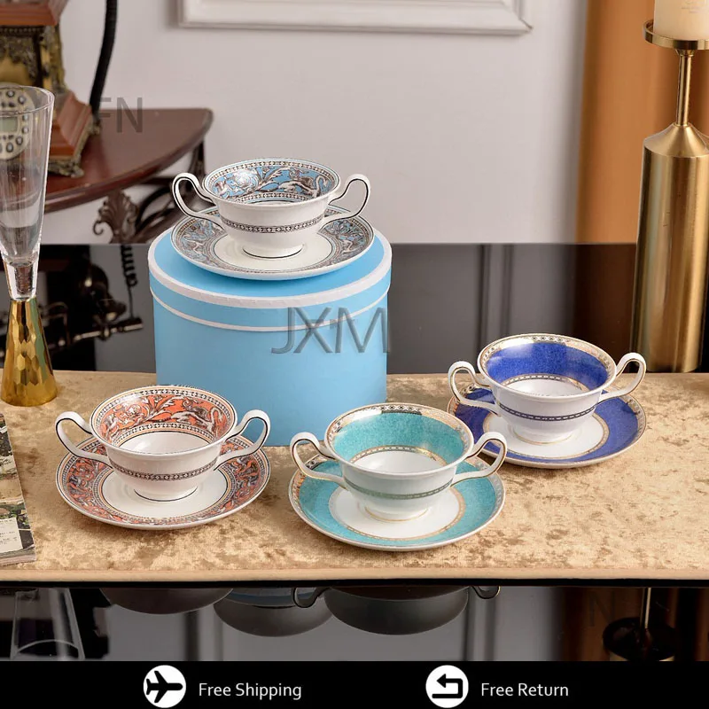 

Royal Double Ear Fighting Coffee Cup, Retro Art Porcelain Tea Cup and Disk, Gift Box, Luxury, 1 People Drinking Set