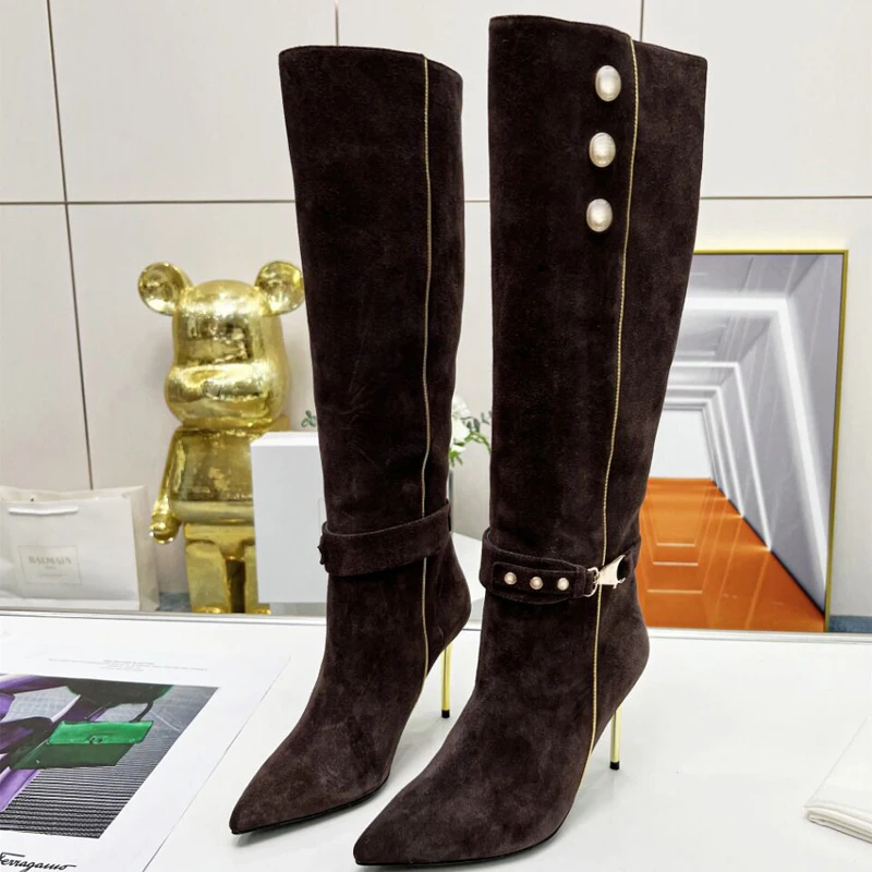 

Fashion Metal Buckle Button Rivets Studs Knee Boots Gold Thin High Heel Knight Boots Woman Khaki Burgundy Suede Long Boots