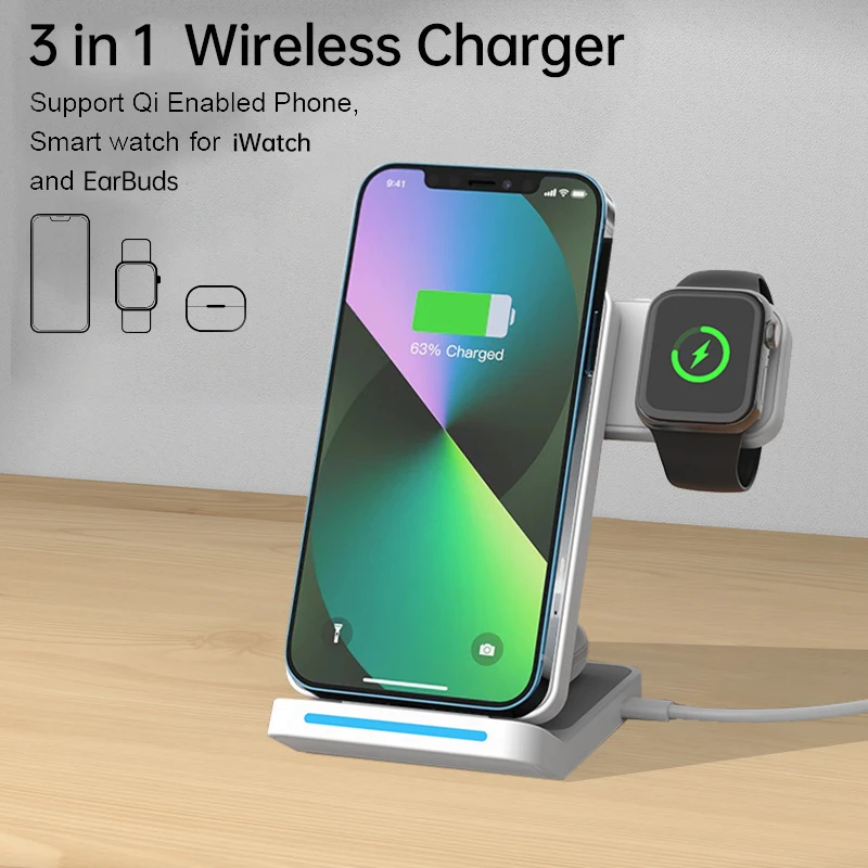 

15W 3 in 1 Wireless Charger Stand For iPhone 14 13 12 Max Fast Foldable Charging Station Dock For Apple Watch 8 7 SE AirPods Pro