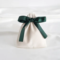 Luxury Beige Velvet Jewelry and Gift Pouches - Set of 10 - 15x20cm (Green Silk)