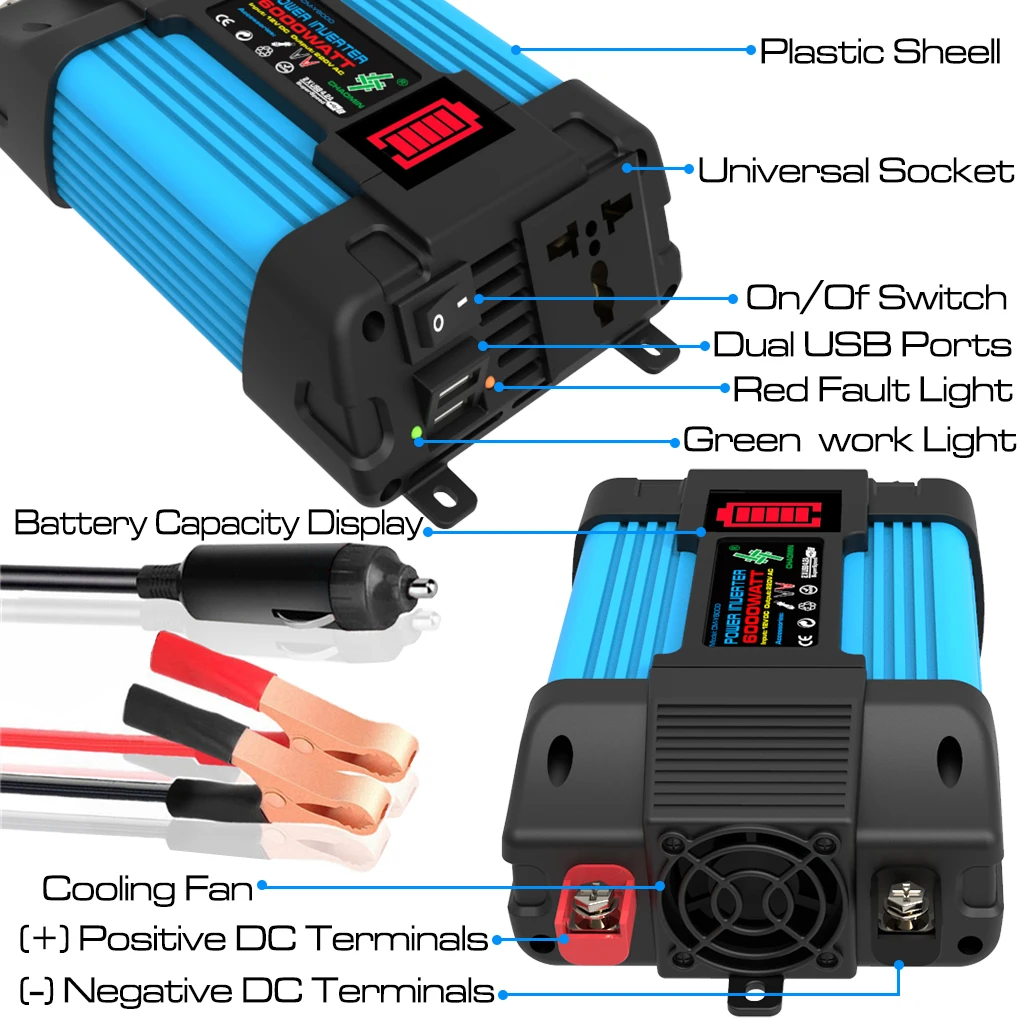 Car Inverter New 4000W/6000W 12V To 110V/220V Solar Inverter Portable Converter LED Display Screen Car Solar System