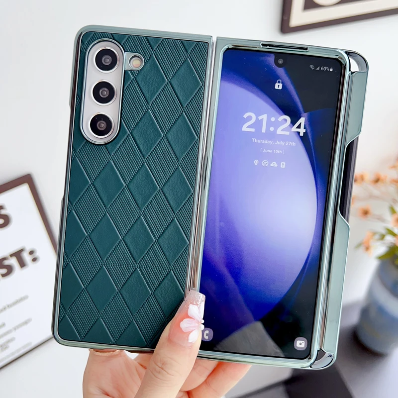 

For Samsung Galaxy Z Fold 5 4 Case Rhombic Pattern Leather + Electroplated Frame with Stylus Pen Folding Cover for Z Fold5