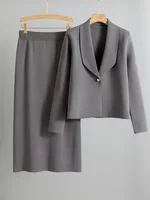 Elegant Chic Knitted 2 Piece Sets Women Lapel Neck Long Sleeve Knitwears Cardigan Tops Conjuntos Solid High Waist Skirts Outfit - Image 2