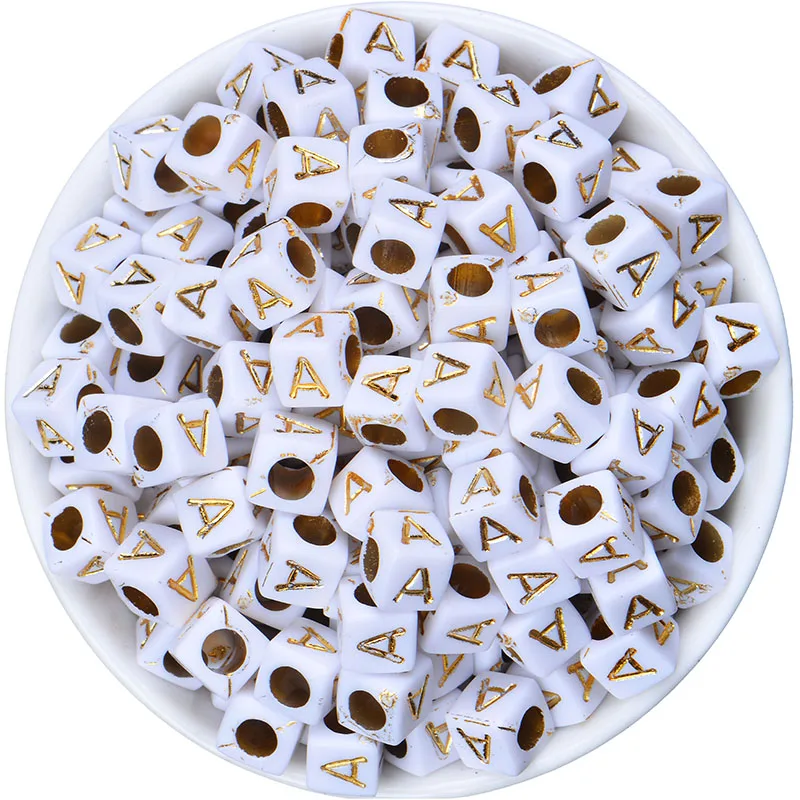 100pcs A-Z 26 Single Letter 6x6mm White And Gold Acrylic Alphabet Square Beads For Jewelry Making Diy Handmade Bracelet Necklace