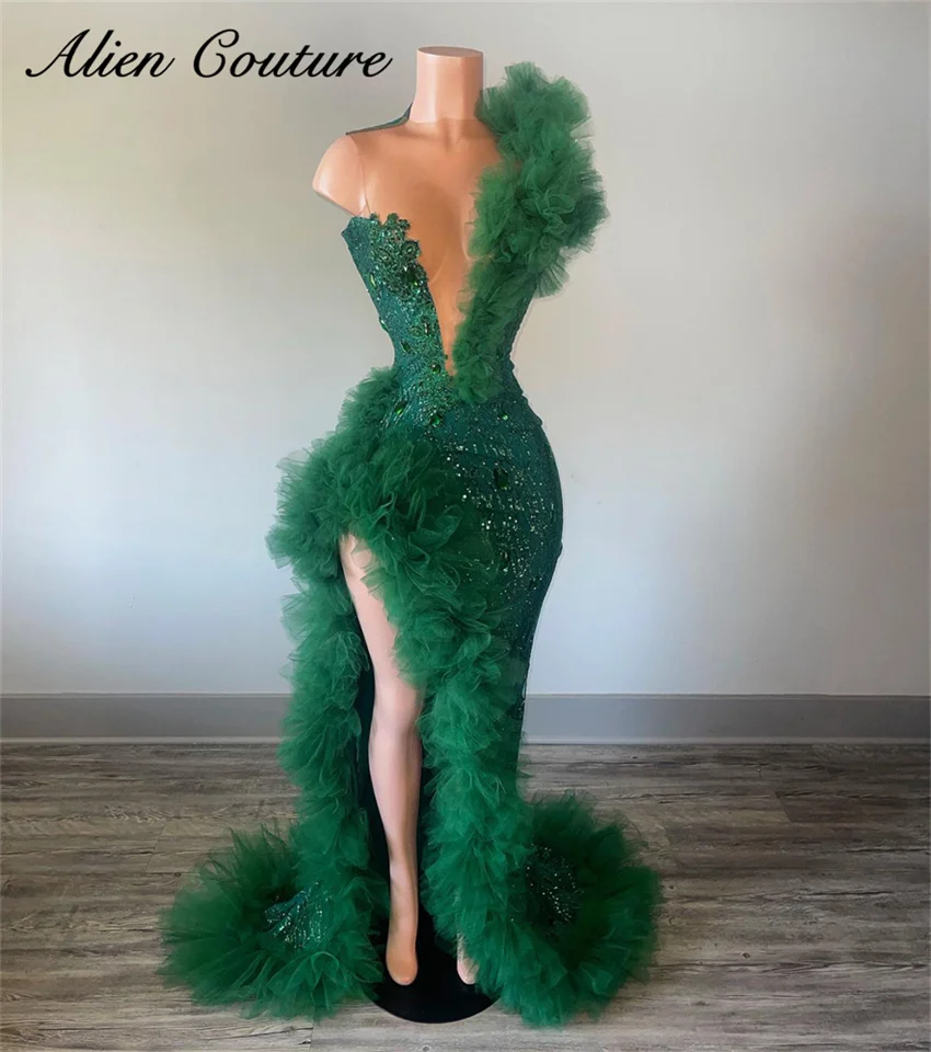 Sparkly Green Mermaid Prom Dress Black Girls Beading Diamonds Crystal Ruffle Split Birthday Party Dress Customized women prom dresses