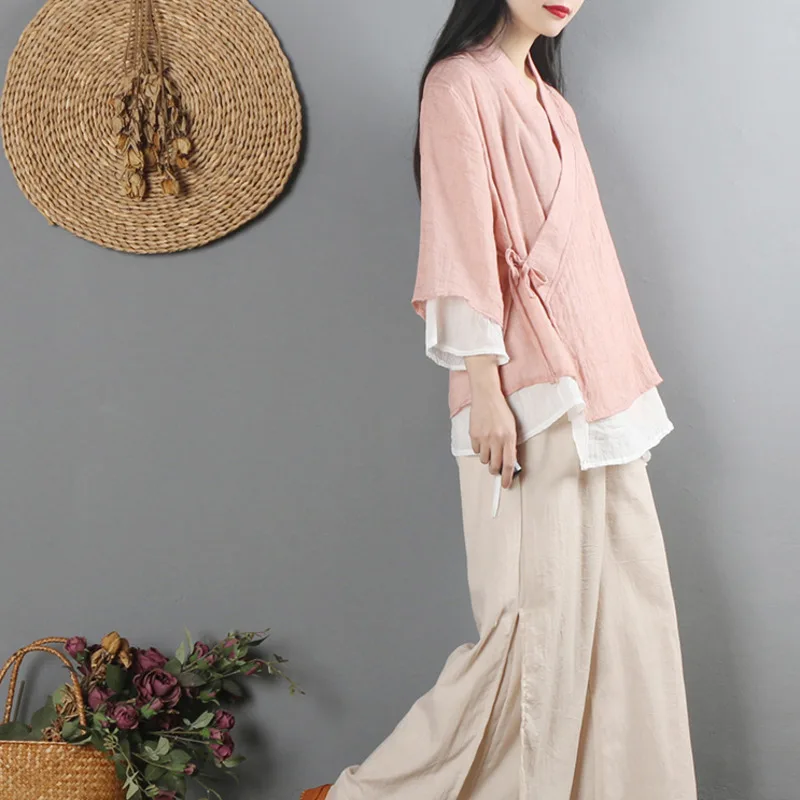 Chinese Style Ethnic Harajuku Zen Tops Clothes Women Cotton Linen Solid Vintage Tang Suit V Neck Loose Spring Blouse Thin Hanfu women chinese shirt