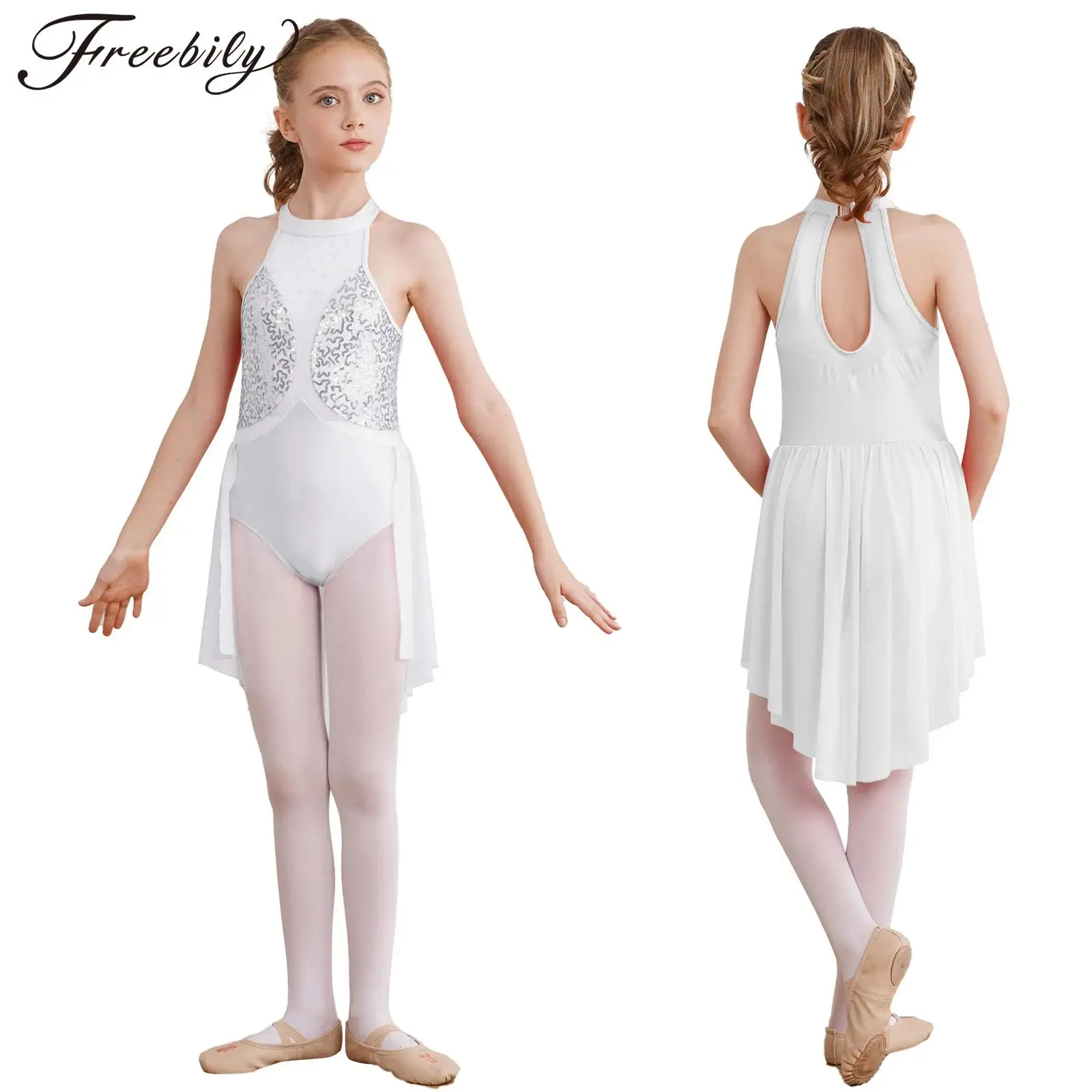 

Kids Girls Lyrical Dance Dress Figure Skating Ballet Gymnastics Performance Dancewear Sleeveless Sequin Sheer Mesh Leotard Tutu