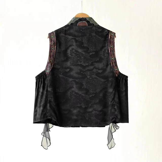 Luxury women's vest Black Jacquard rayon embroidered vest Vinatge