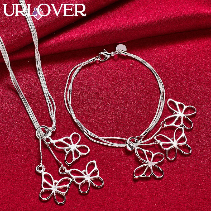 

URLOVER 2pcs/lot 925 Sterling Silver Butterfly Pendant Chain Necklace Bracelet Set For Woman Lady Party Birthday Fashion Jewelry
