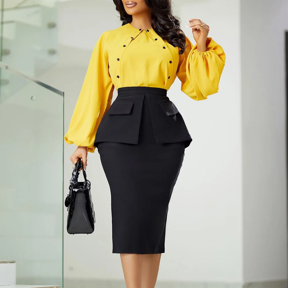 Elegant Office Ladies 2 Pieces Skirts Sets Blouse & Bodycon Skirts High Waisted Package Hips Mid Calf Professional Work Outfits