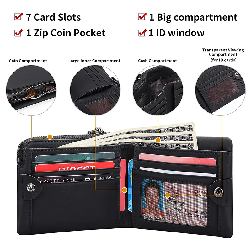 2023 New RFID Protection Large Wallet Men with Zipper Coin Pocket