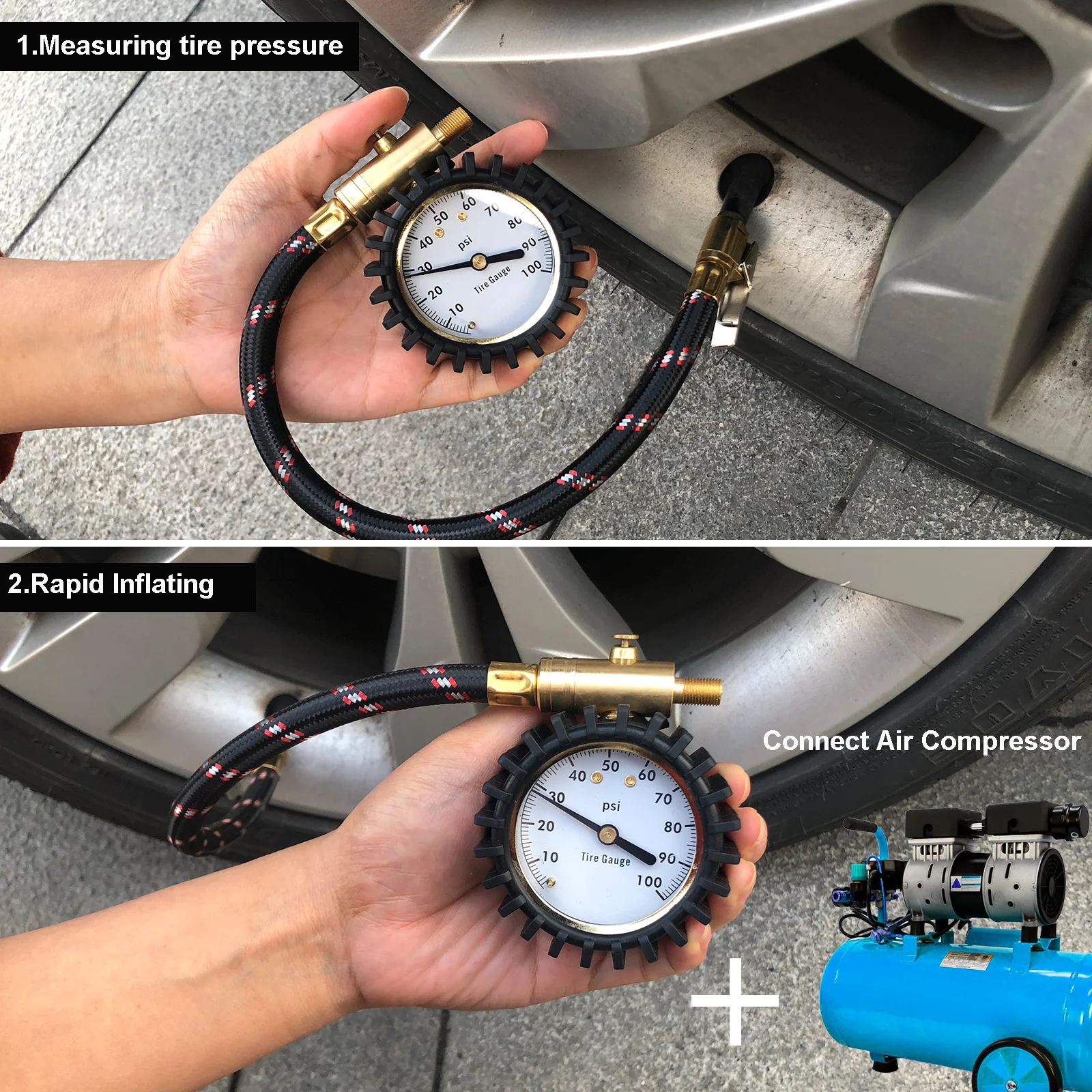 Heavy Duty Tire Inflator Gauge With 100PSI Range - Air Chuck Attachment For Compressors